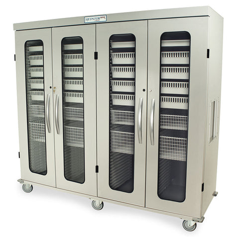 Harloff Stainless Steel Quad Column Mobile Cabinet, with H+H Panels on all Columns, With Tempered Glass Window Inserts