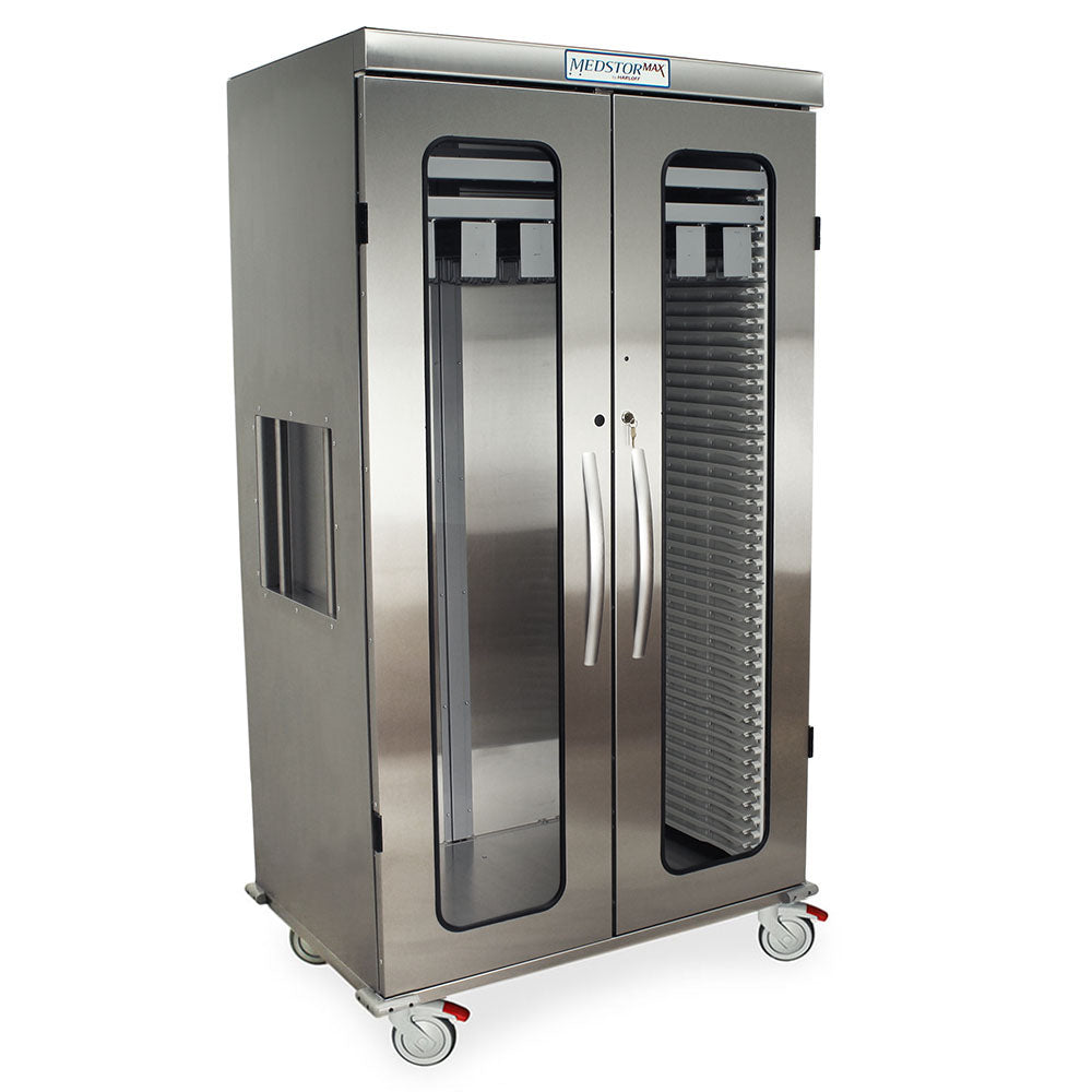 Stainless Steel Double Width Stationary Cabinet with Key Locking Doors (2) with Tempered Glass Window Inserts, H+H Panel