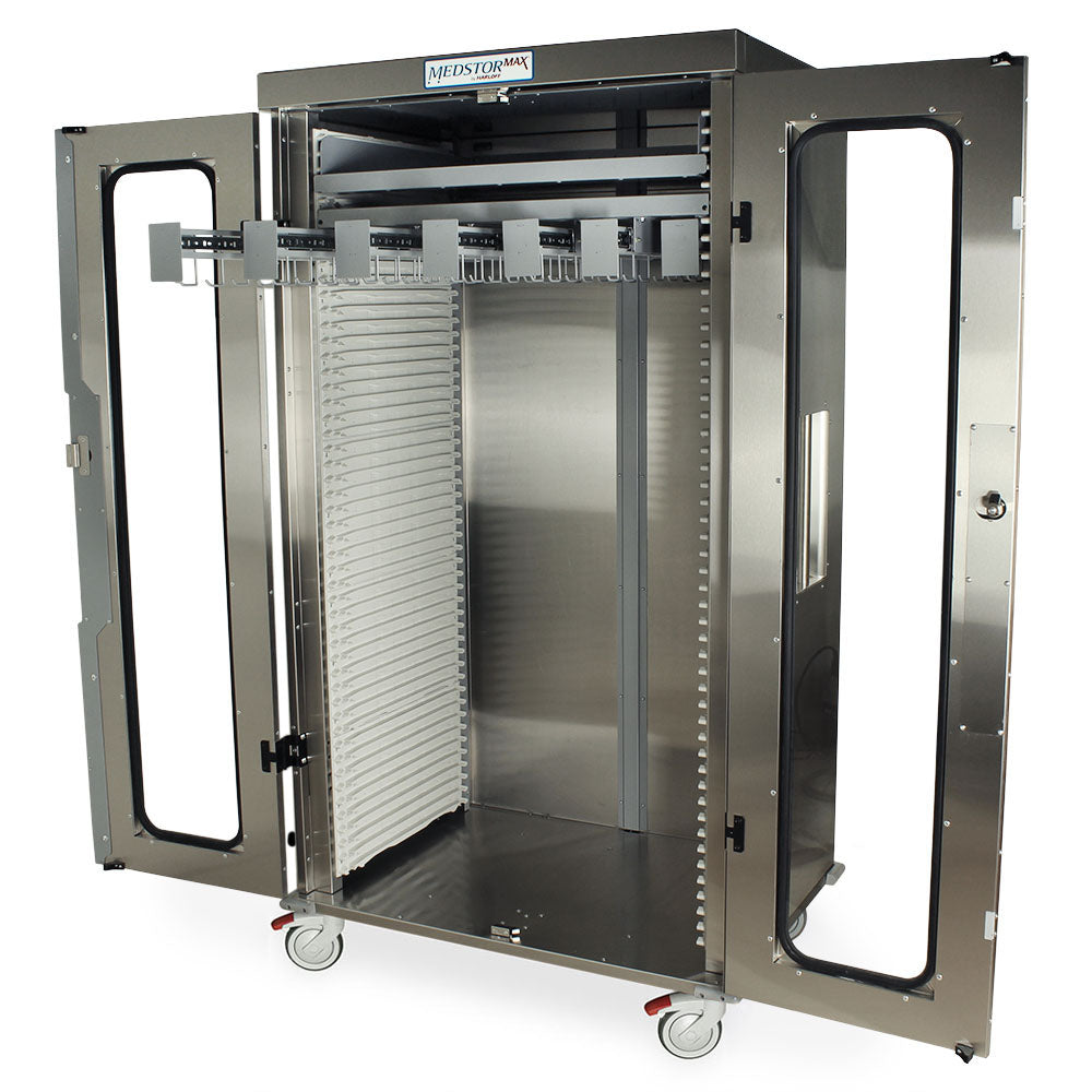Stainless Steel Double Column Mobile Cabinet with Solid front Key Locking doors (2), Above is a double width open column