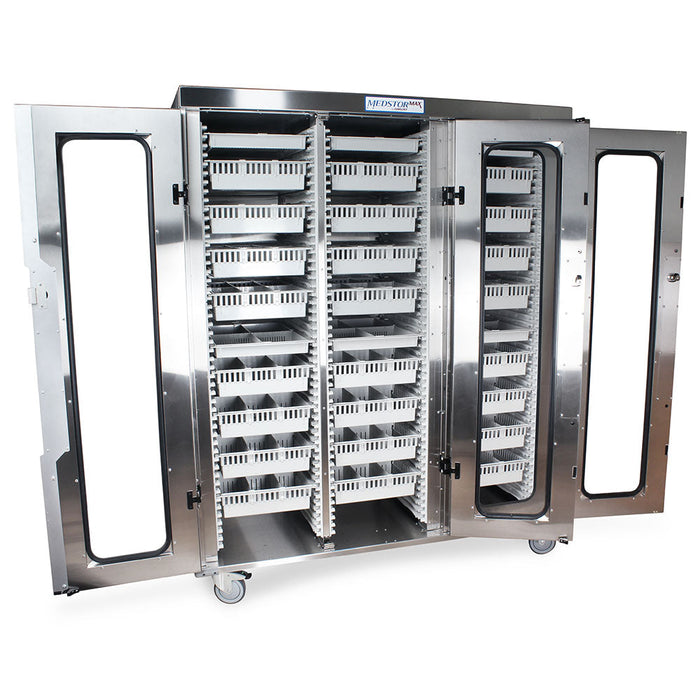 Harloff Stainless Steel Triple Column Mobile Cabinet with (3) Locking Doors with Tempered Glass Window Insert, Secured