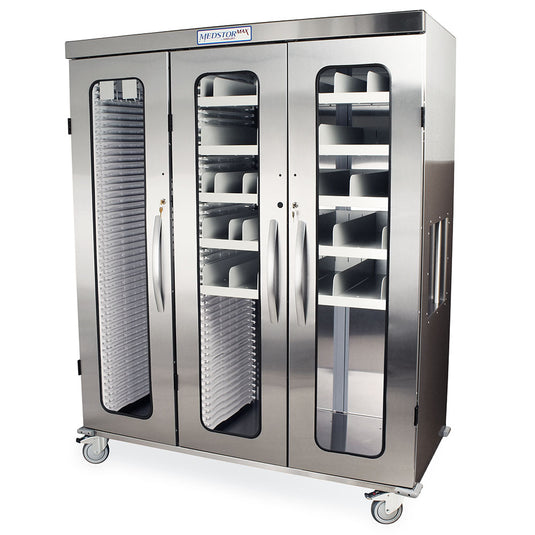 Triple Column Stainless Steel Medical Storage Cabinet with Double Wide Open Right Column, Glass Doors, Key Lock, MSSM83-L0GK