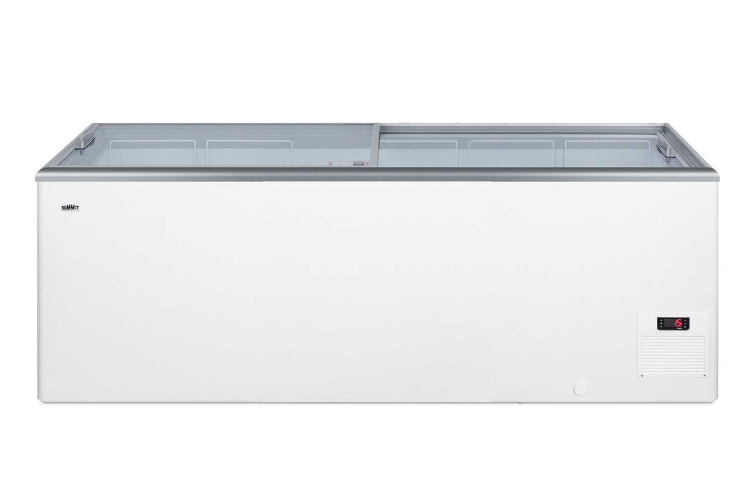 Flat top commercial ice cream freezer with sliding glass lid, digital thermostat, and novelty baskets Main image