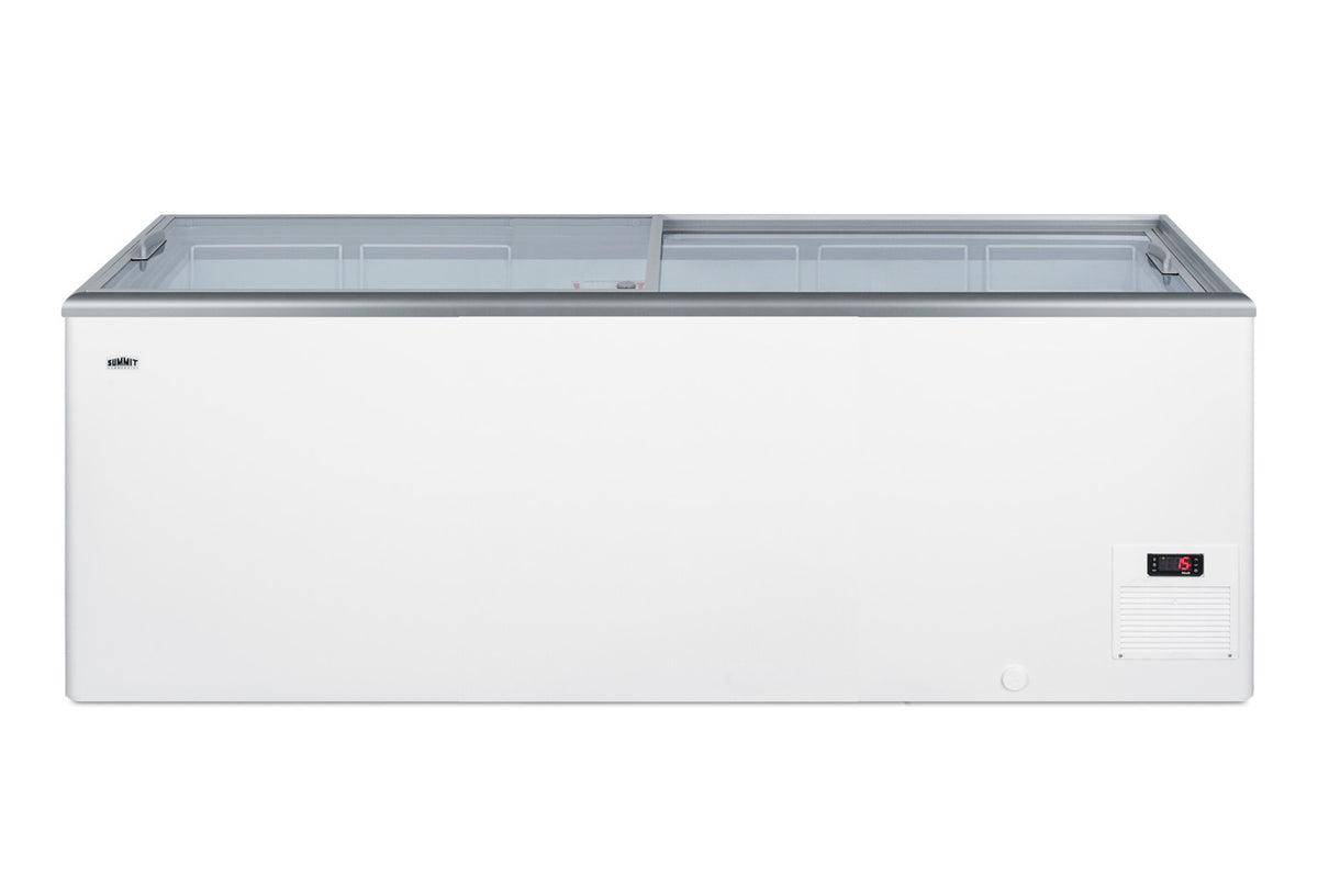 Flat top commercial ice cream freezer with sliding glass lid, digital thermostat, and novelty baskets