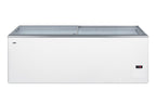 Flat top commercial ice cream freezer with sliding glass lid, digital thermostat, and novelty baskets