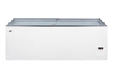Flat top commercial ice cream freezer with sliding glass lid, digital thermostat, and novelty baskets