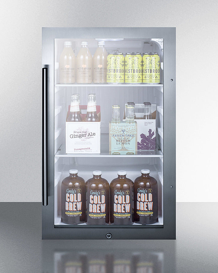 Accucold 19" wide shallow depth ADA compliant indoor/outdoor beverage center with glass door and black interior, ADA