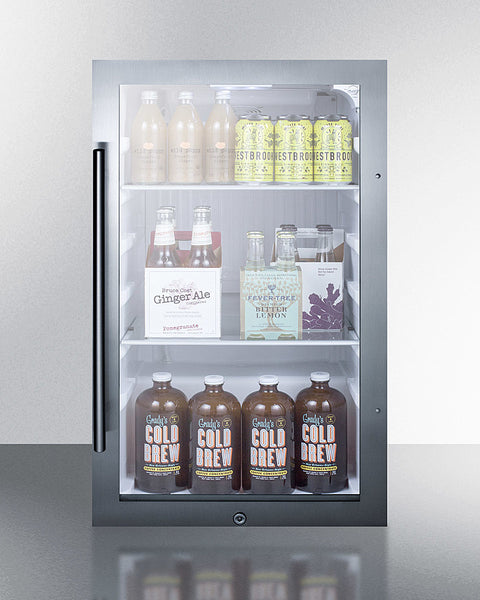 Accucold 19" wide shallow depth ADA compliant indoor/outdoor beverage center with glass door and white interior, ADA