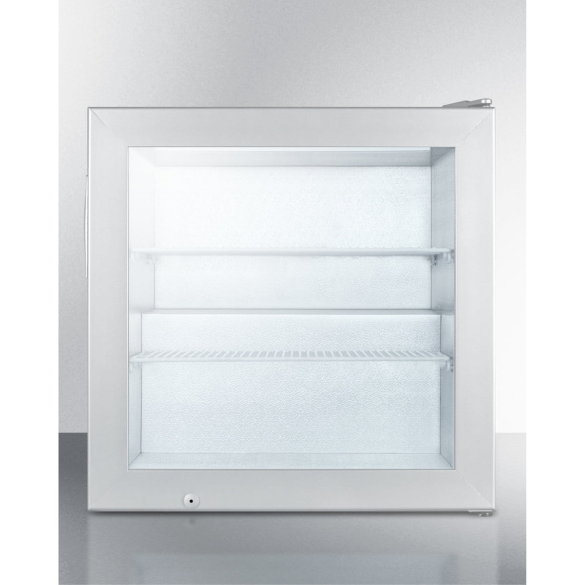 Accucold Countertop commercial freezer with self-closing door and stainless steel wrapped cabinet