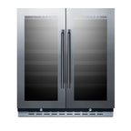 30" wide built-in undercounter dual zone wine cellar with seamless stainless steel trimmed glass French doors, locks, an