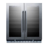 30" wide built-in undercounter dual zone wine cellar with seamless stainless steel trimmed glass French doors, locks, an