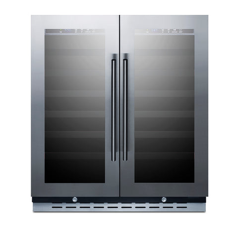 30" wide built-in undercounter dual zone wine cellar with seamless stainless steel trimmed glass French doors, locks, an