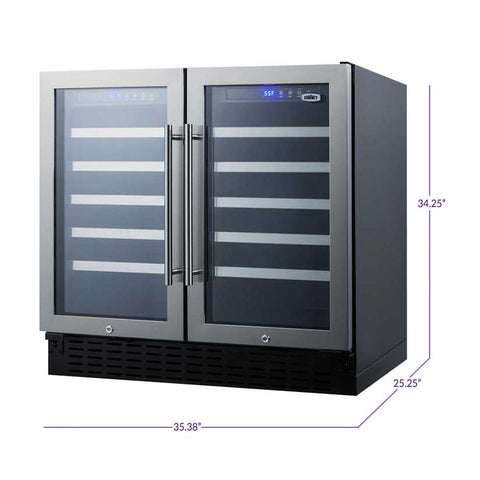 Accucold 36" wide ADA compliant 68 bottle built-in dual zone wine cellar with two seamless stainless steel trimmed