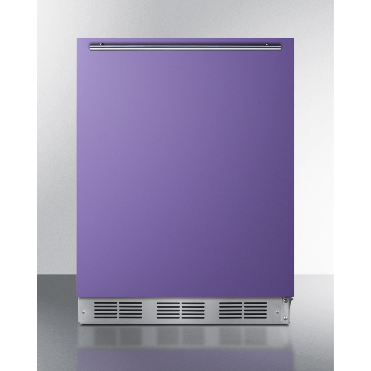 Accucold Undercounter 24" all-refrigerator for residential use with lavender purple door, stainless steel handle, and
