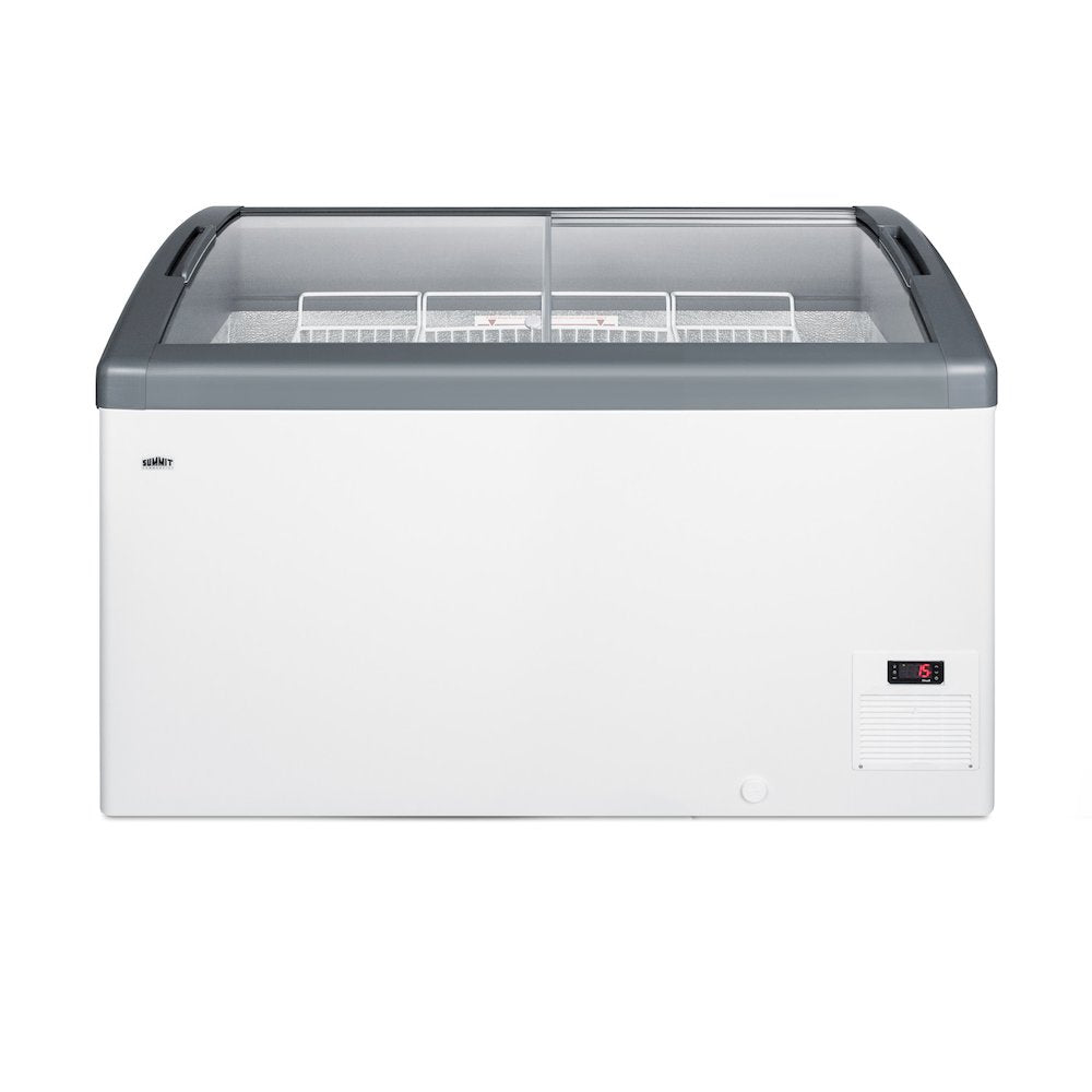 Accucold Curved top commercial ice cream freezer with sliding glass lid, digital thermostat, novelty baskets, and 9.5
