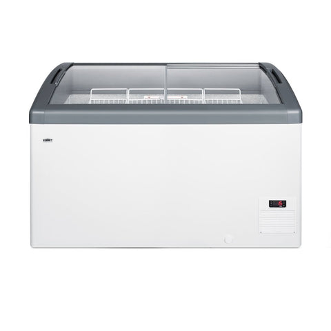 Accucold Curved top commercial ice cream freezer with sliding glass lid, digital thermostat, novelty baskets, and 9.5