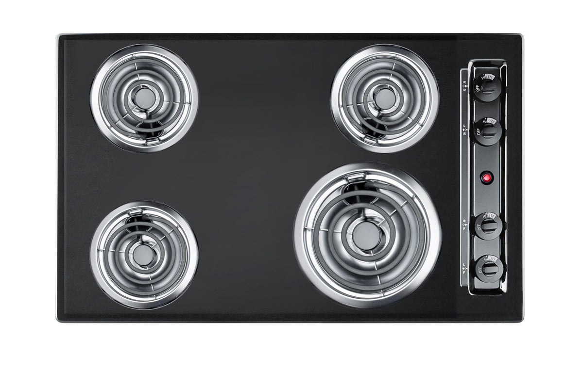 30" wide 220V electric coil cooktop in black porcelain finish