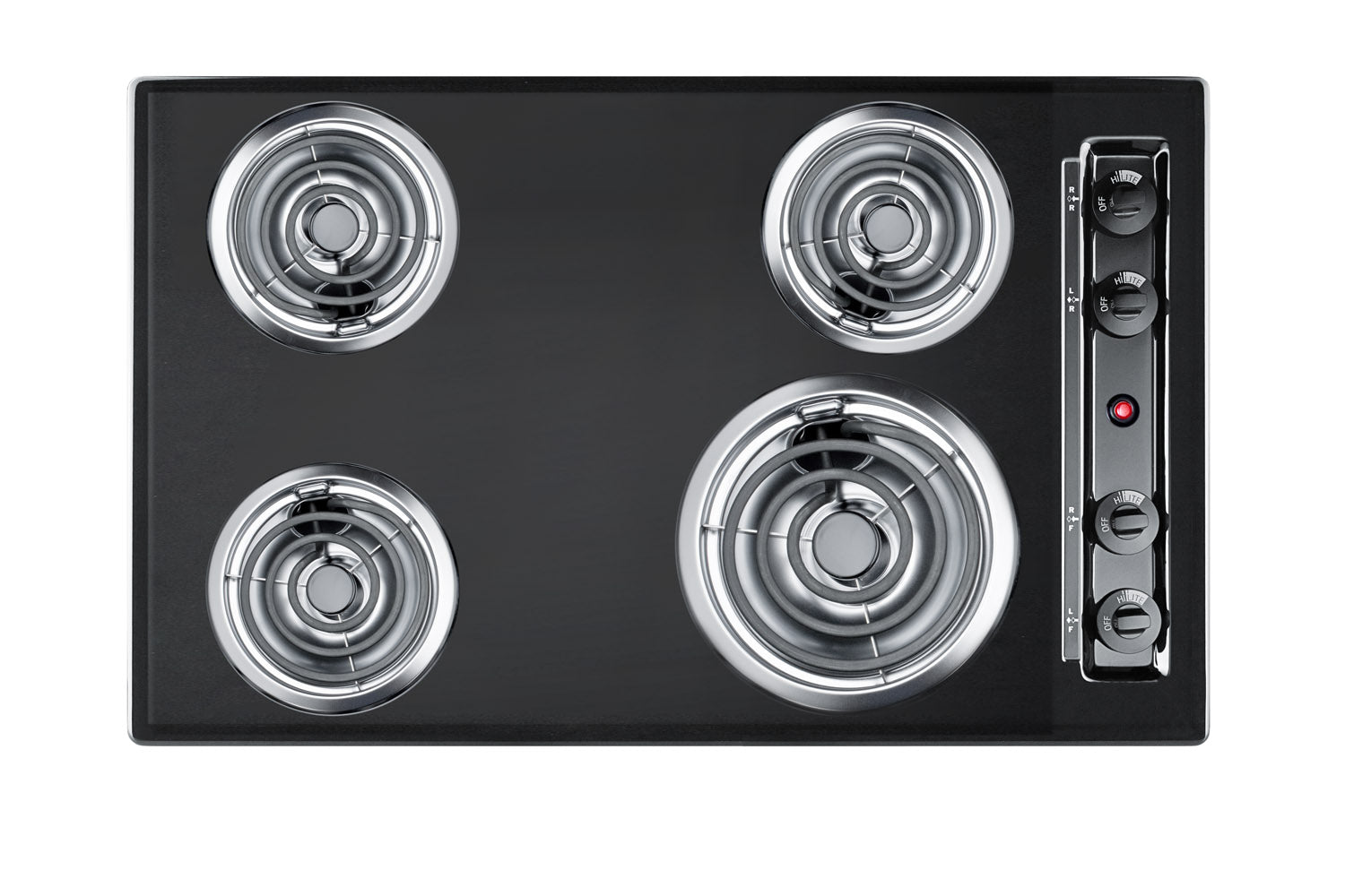 30" wide 220V electric coil cooktop in black porcelain finish
