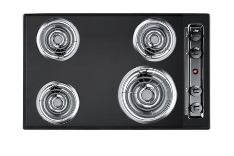30" wide 220V electric coil cooktop in black porcelain finish