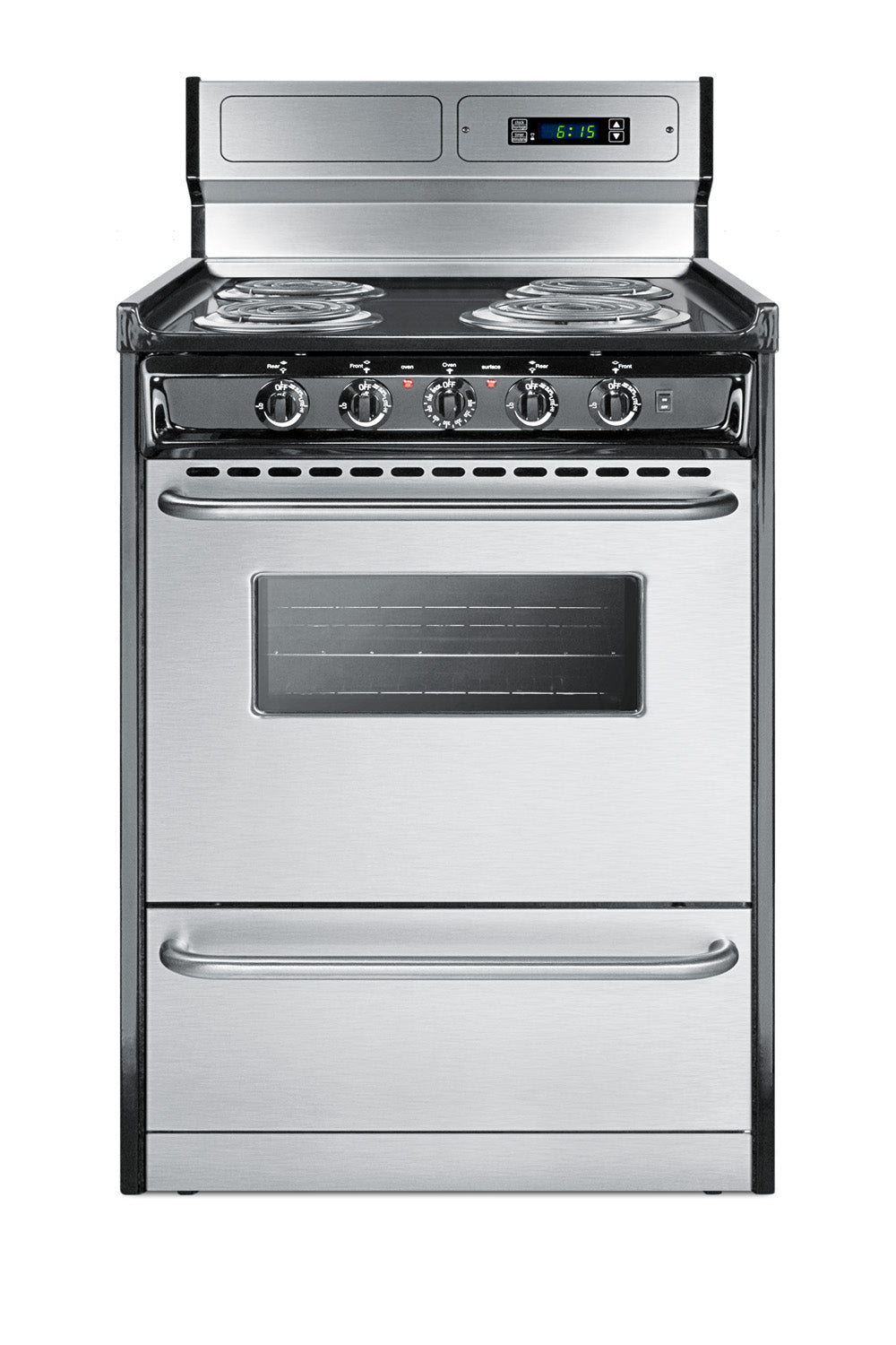 24" wide deluxe electric coil range in stainless steel with high backguard