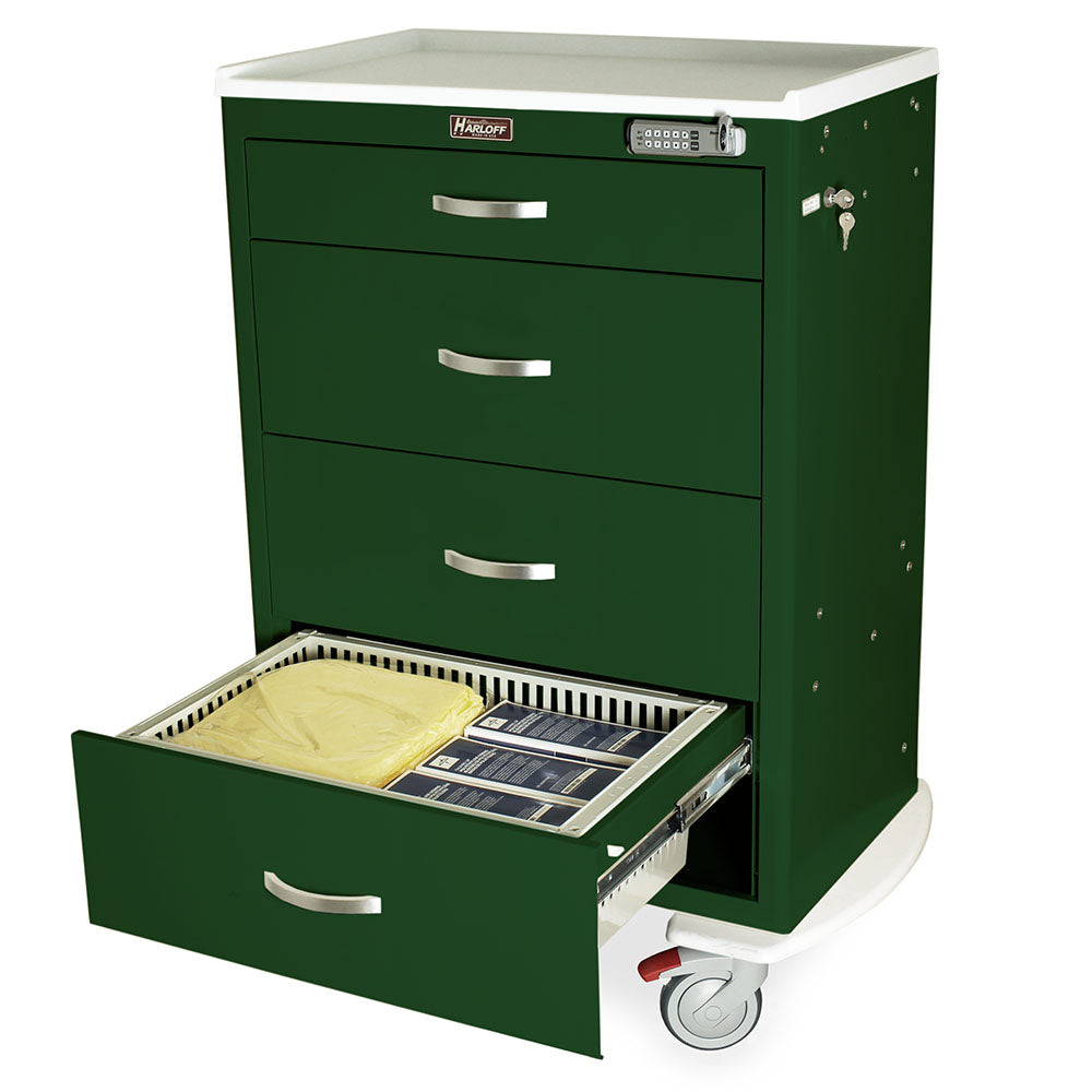 Harloff T-Series Medical Storage Cart with Trays, Tall Height, Standard Width, Four Drawers, E-Lock, TPS3028EC4