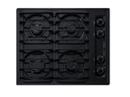 24" wide cooktop with four sealed burners, black porcelain finish, and cast iron grates; made in the USA