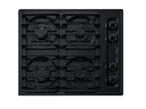24" wide cooktop with four sealed burners, black porcelain finish, and cast iron grates; made in the USA