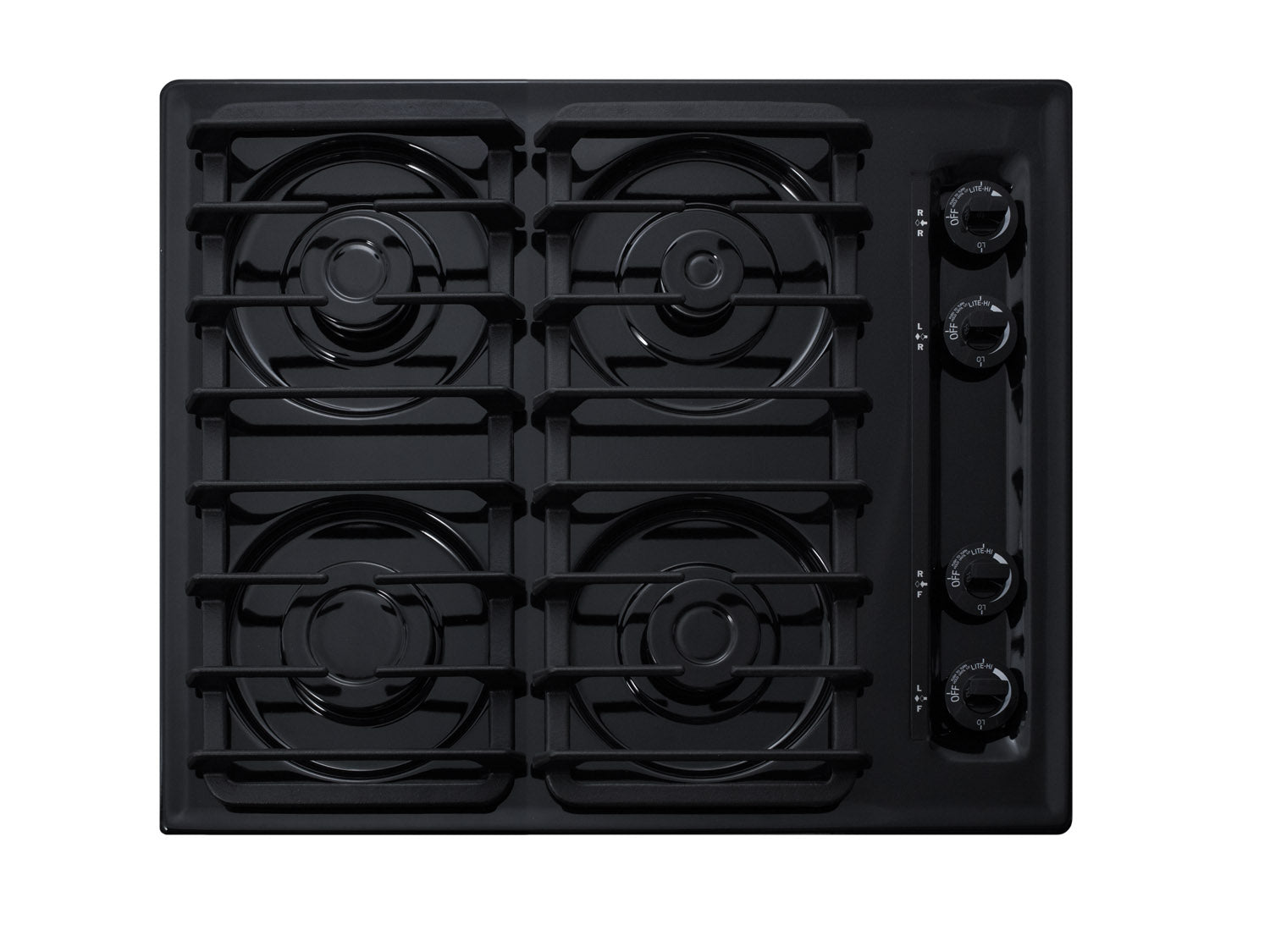 24" wide cooktop with four sealed burners, black porcelain finish, and cast iron grates; made in the USA