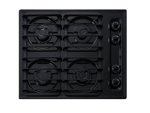 24" wide cooktop with four sealed burners, black porcelain finish, and cast iron grates; made in the USA