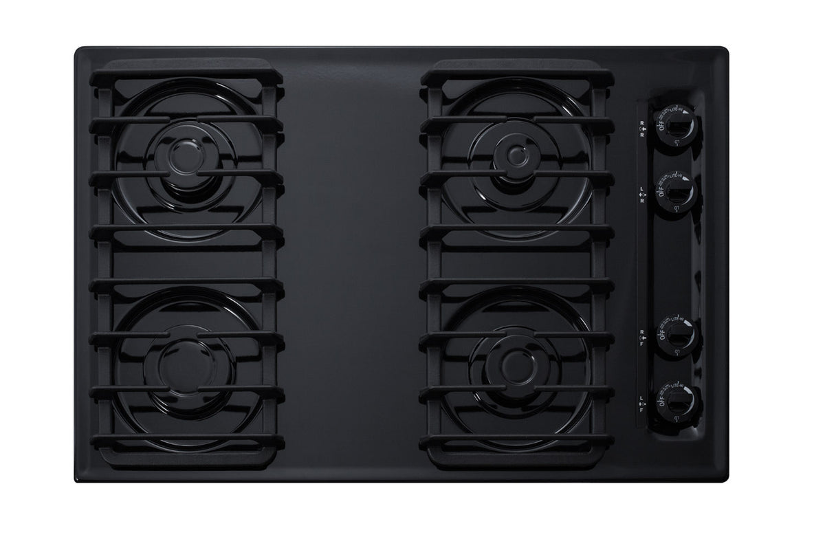 30" wide cooktop with four sealed burners, black porcelain finish, and cast iron grates; made in the USA