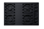 30" wide cooktop with four sealed burners, black porcelain finish, and cast iron grates; made in the USA
