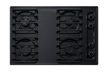 30" wide cooktop with four sealed burners, black porcelain finish, and cast iron grates; made in the USA