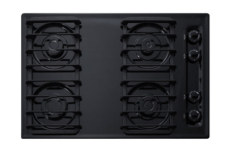 30" wide cooktop with four sealed burners, black porcelain finish, and cast iron grates; made in the USA