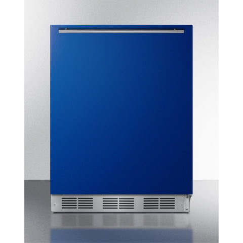 Accucold ADA height 24" all-refrigerator for residential use with cobalt blue door, stainless steel handle, and white
