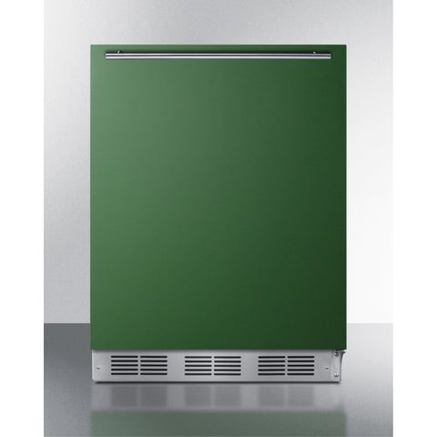 Accucold Undercounter 24" refrigerator-freezer for residential use with emerald green door, stainless steel handle, and