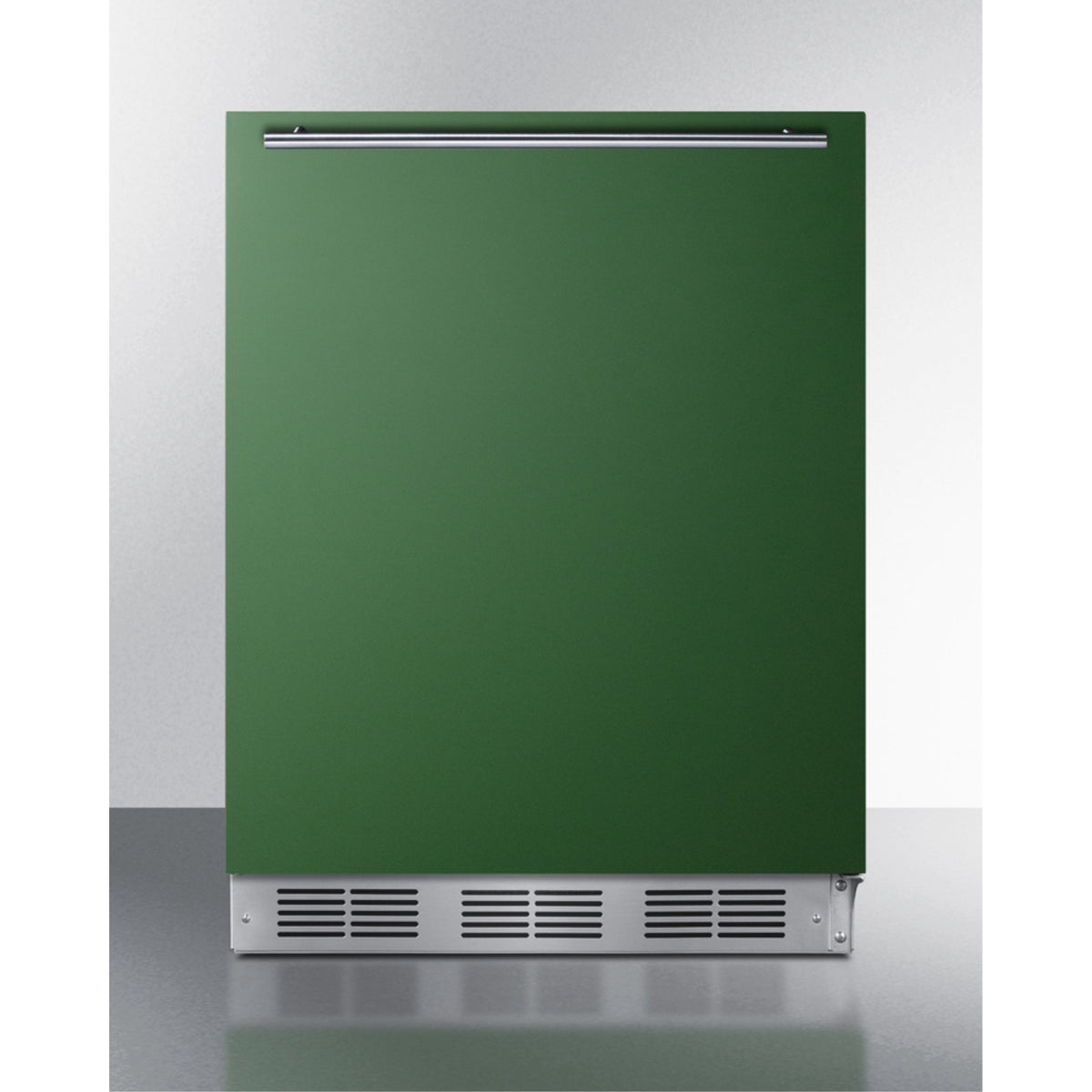 Accucold Undercounter 24" refrigerator-freezer for residential use with emerald green door, stainless steel handle, and