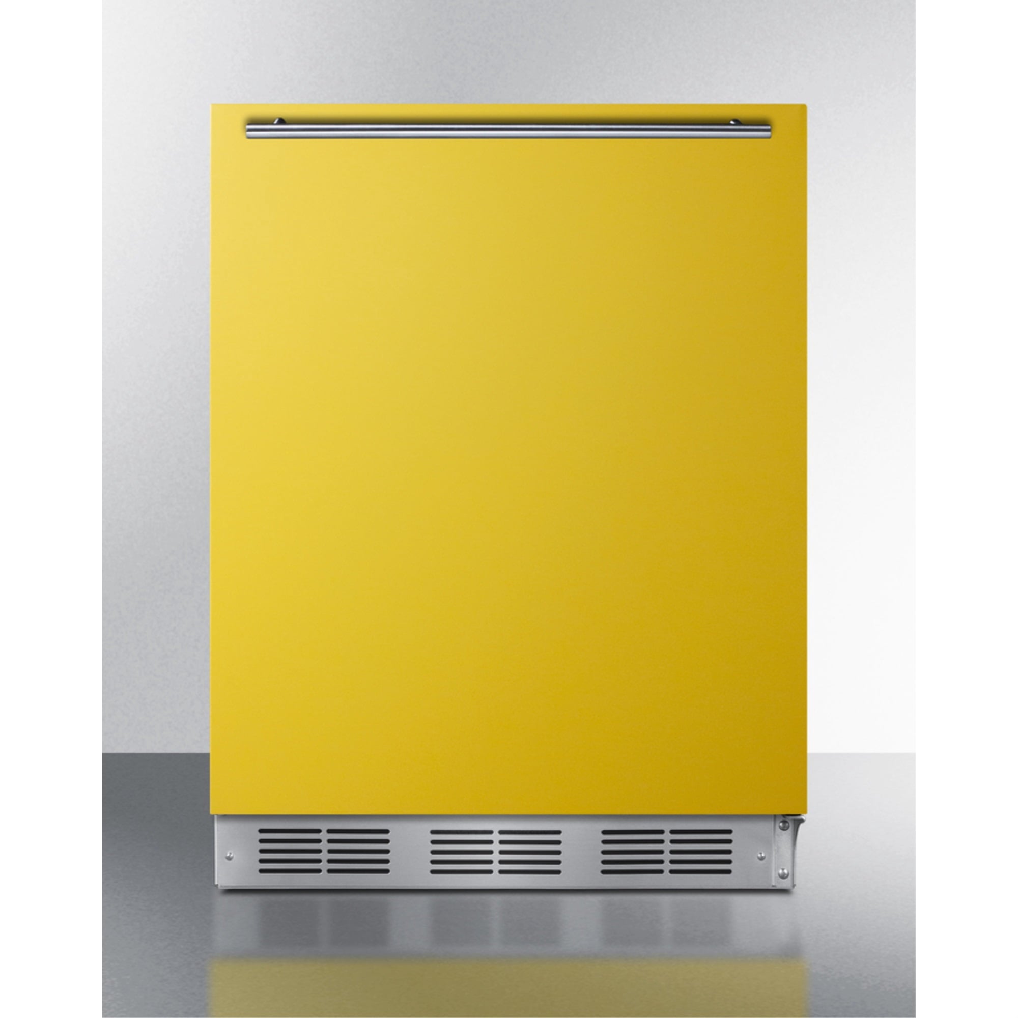 Undercounter 24" all-refrigerator for residential use with saffron gold door, stainless steel handle, and white cabinet
