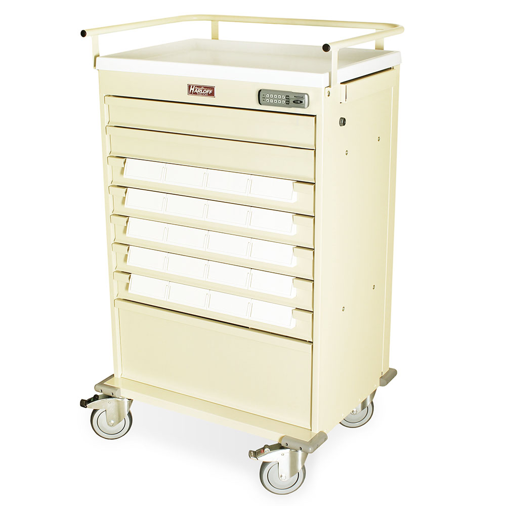 Harloff Value Med-Bin Cart with Key Lock, includes 20-each 5-inch Bins, Standard Package includes Top rail/Push Handle,