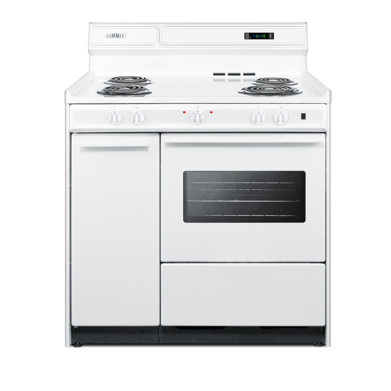 36" wide electric coil top range in white with storage compartment, oven window, and high backguard