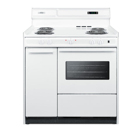 36" wide electric coil top range in white with storage compartment, oven window, and high backguard