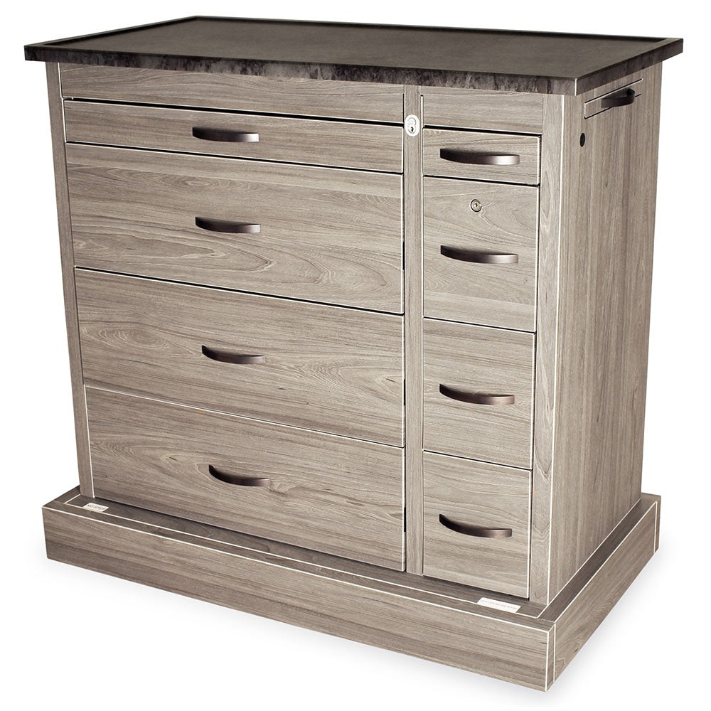 Wood Vinyl Punch Card Medication Cart, Eight Drawer, Dual Column, Key Lock, Driftwood Gray