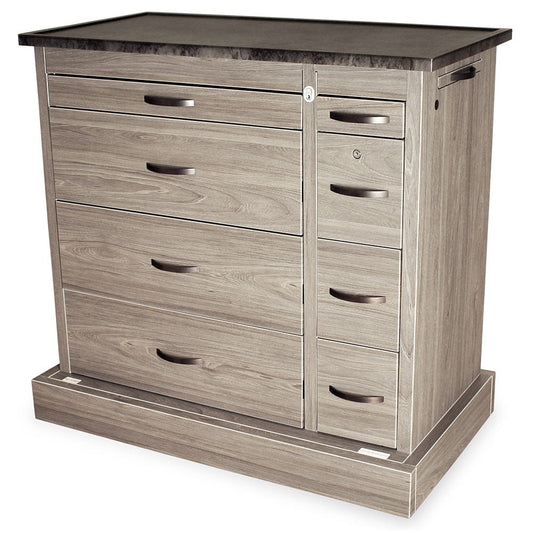 Wood Vinyl Punch Card Medication Cart, Eight Drawer, Dual Column, Key Lock, Driftwood Gray