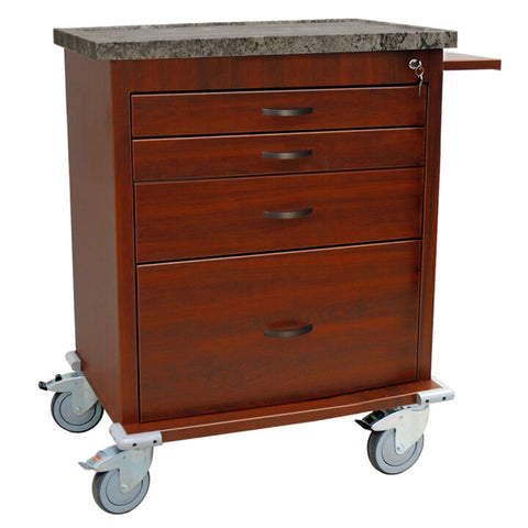 Harloff Wood Vinyl Coated Aluminum Treatment Cart, Short Cabinet, Key Lock, 3-3", 1-6", and 1-9" Drawers. Cherry