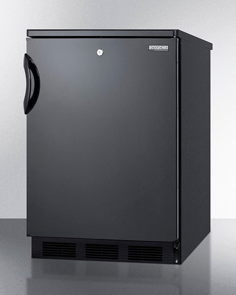 Accucold Outdoor all-refrigerator for built-in use, with lock, digital thermostat, black cabinet, and stainless steel