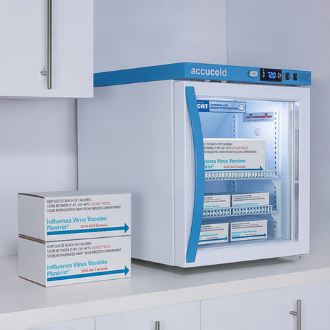 Accucold Healthcare all-refrigerator for vaccine storage with self-closing door and lock (Model ACR31WNSF456LHD)