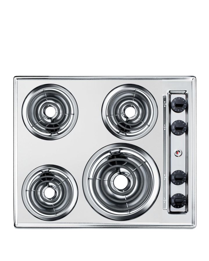 24" wide 230V electric cooktop with four coil elements and stainless steel finish