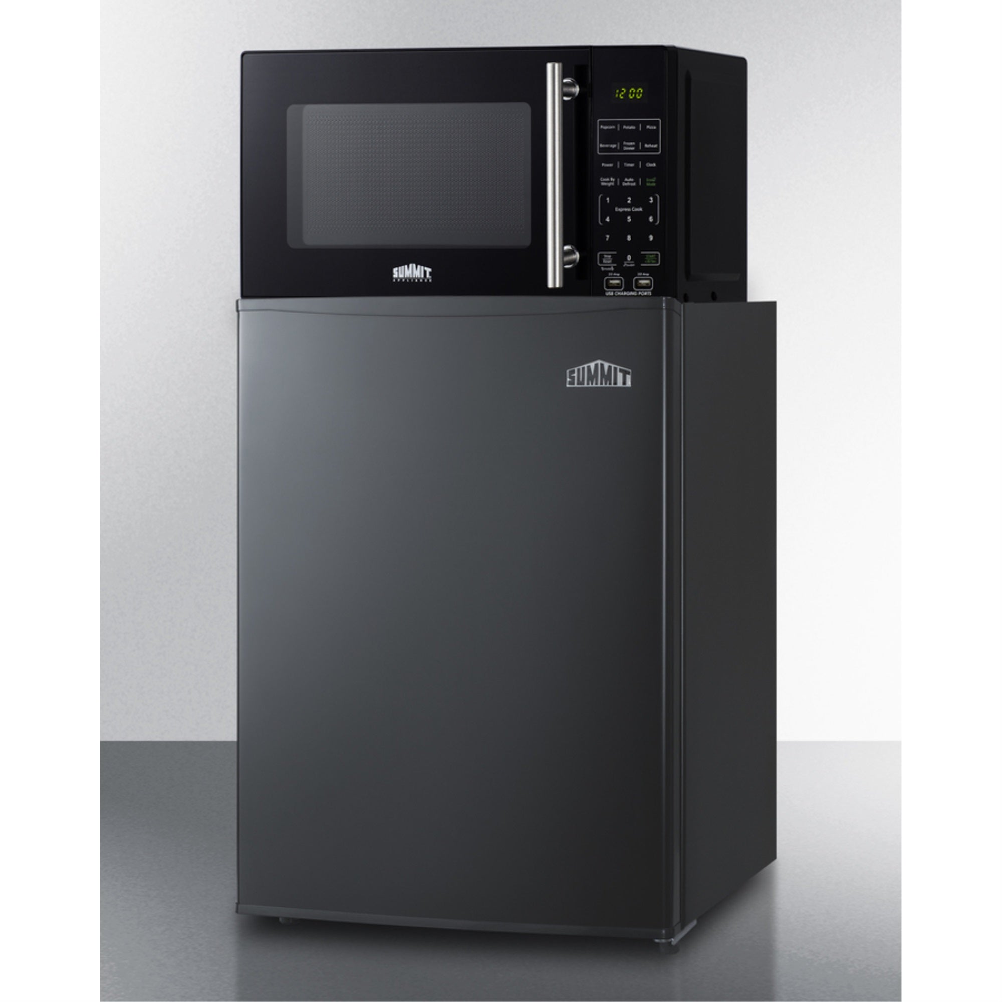 Compact all-refrigerator in black and microwave with built-in allocator, with brackets included (ships in 3 boxes on one