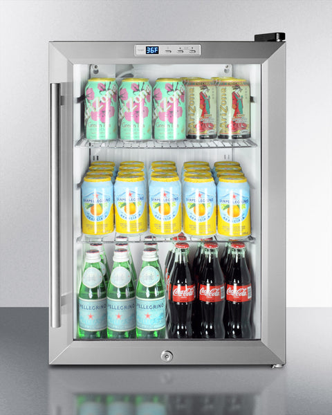 Accucold Commercially approved countertop beverage cooler with glass door, stainless steel cabinet, front lock, and