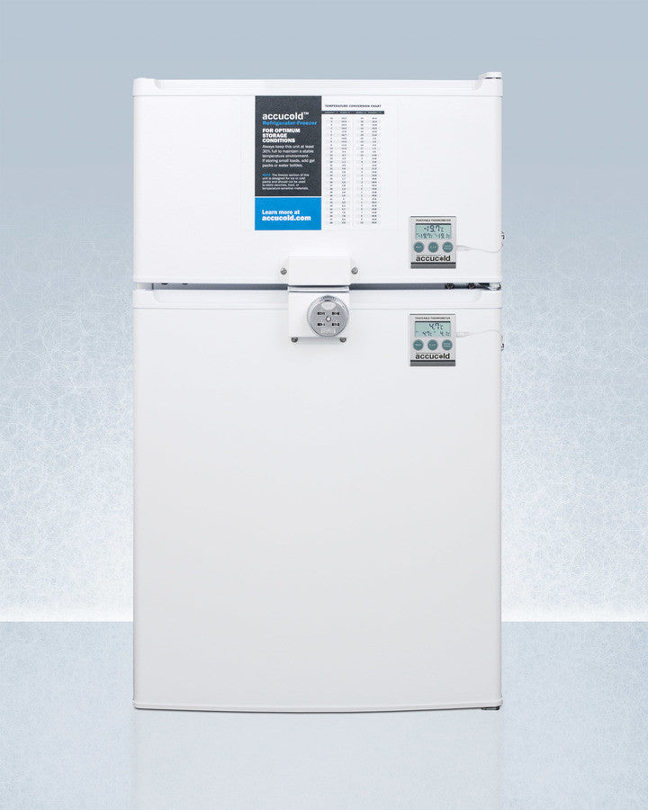 Full-size top mount refrigerator-freezer with combination lock in white