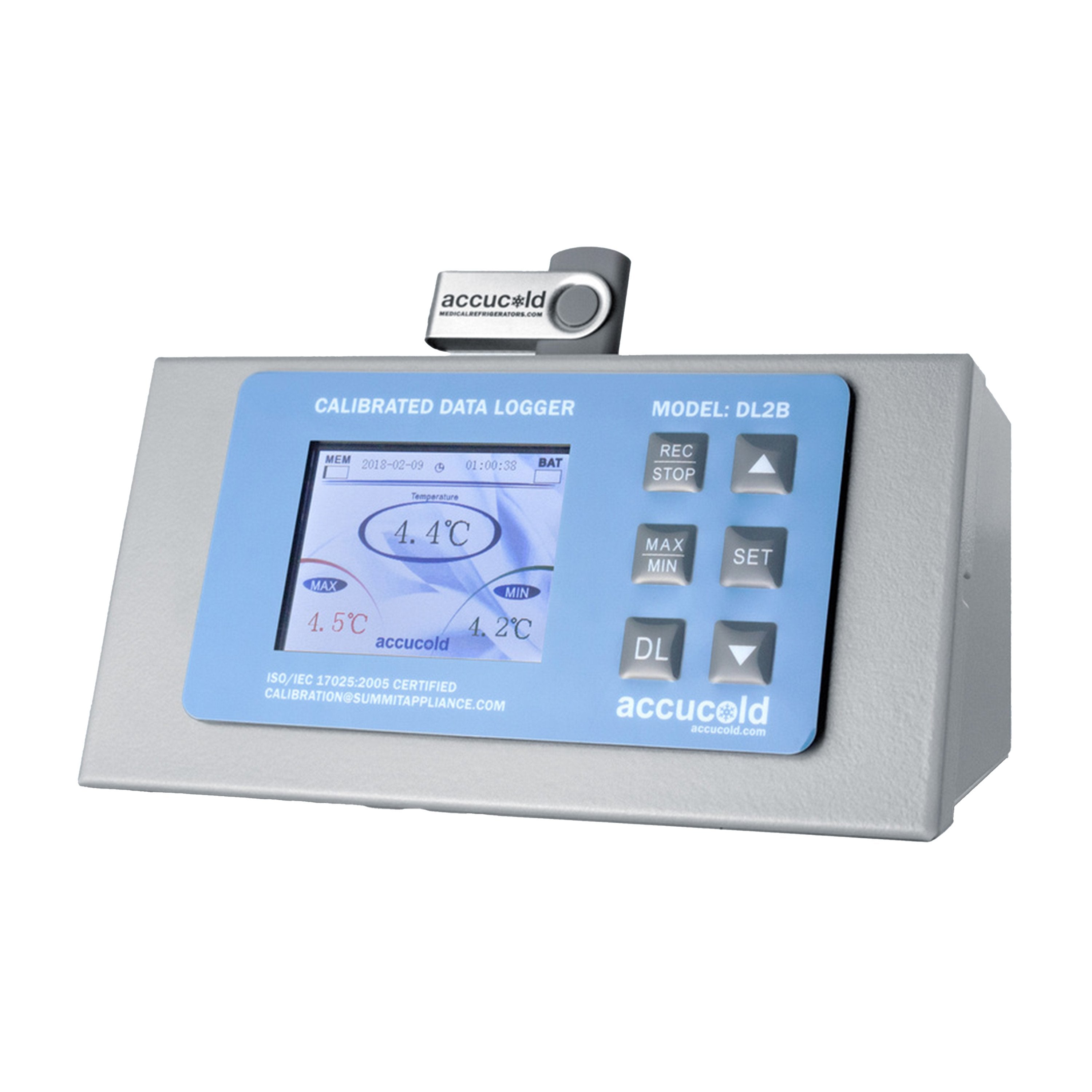 NIST calibrated USB temperature logger with large display, internal memory, and alarm factory-installed on selected mode Main image