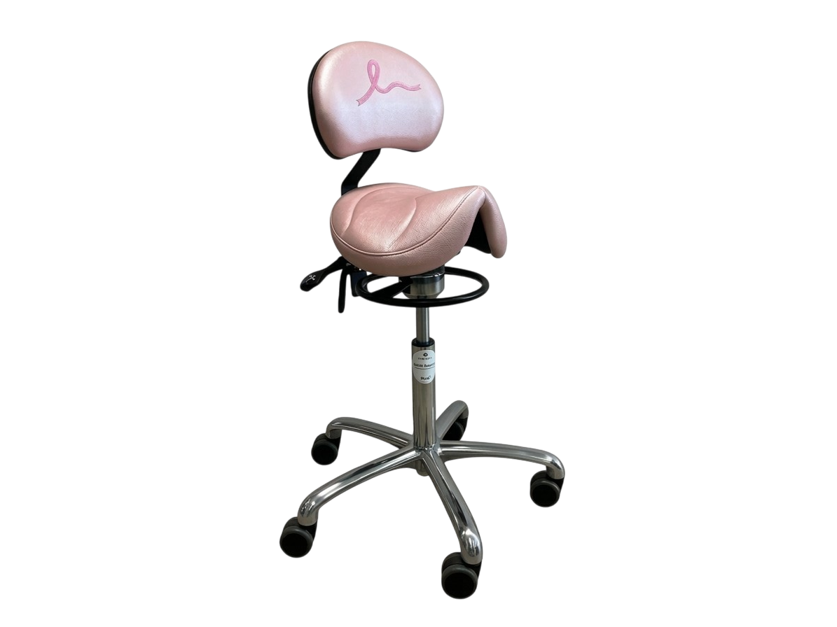 Brewer Rosa pink Amazone saddle stool with lumbar support 135ASR-LS